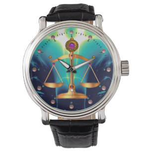 GOLD-SKALEN MIT GEM STONES, Justiz-Symbol Armbanduhr
