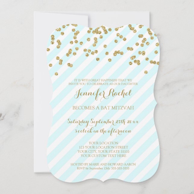 Gold Sky Blue Stripes Bat Mitzvah Einladungen (Rückseite)