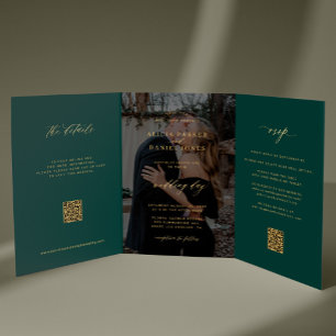 Gold Smaragdgrün Foto Hochzeit RSVP Details QR Dreifach Gefaltete Einladung