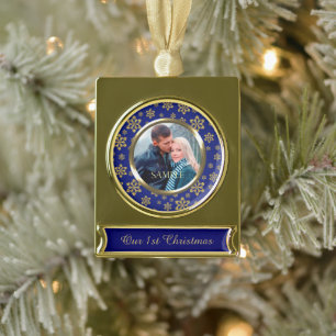 Gold Snowflake auf Blue First Christmas Banner-Ornament Gold