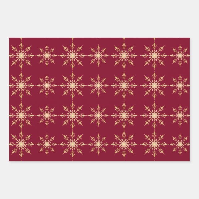 Gold Snowflake Blue Red Green Weihnachtsmuster Geschenkpapier Set (Vorderseite)