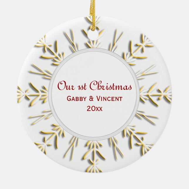 Gold Snowflake Erstes Weihnachtsfest Foto Keramik Ornament (Hinten)