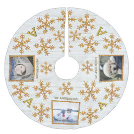 Gold Snowflake Monogram Rustikal 3 Foto Polyester Weihnachtsbaumdecke
