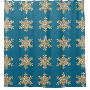 Gold Snowflake Muster Rustikale Ozeane Blauer Litt Duschvorhang