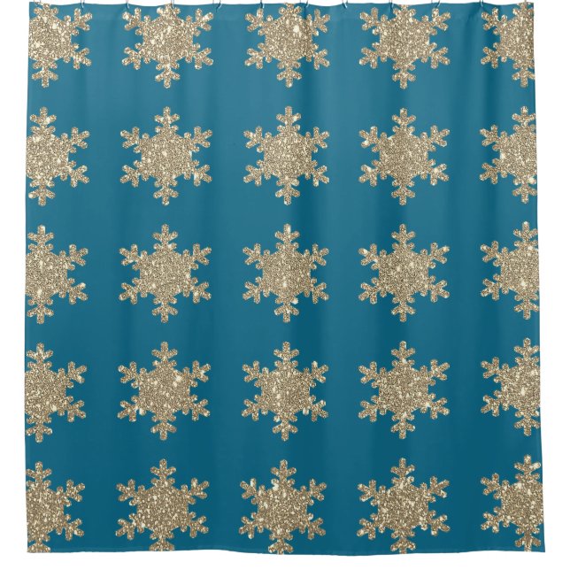 Gold Snowflake Muster Rustikale Ozeane Blauer Litt Duschvorhang (Vorderseite)
