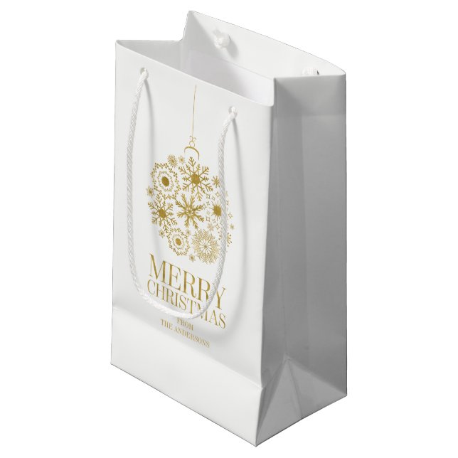 Gold Snowflake Ornament Frohe Weihnachtsgeschenk T Kleine Geschenktüte (Vorderseite Schrägansicht)