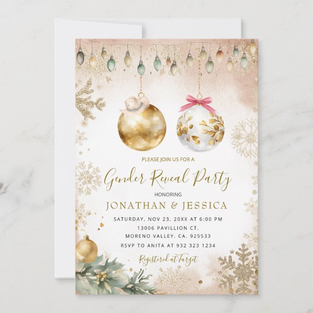 Gold Snowflake Ornaments Weihnachtsgenderreveal Einladung (Vorderseite)
