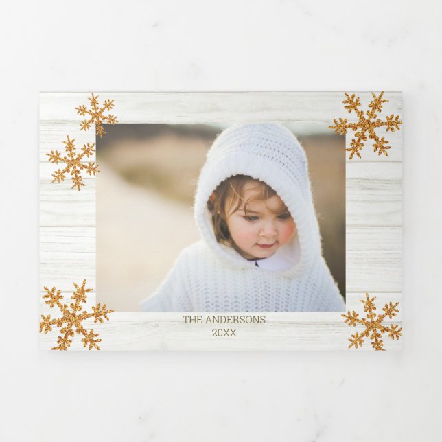 Gold Snowflake Rustikale Weihnachten 5 Foto Dreifach Gefaltete Urlaubskarte (Cover)