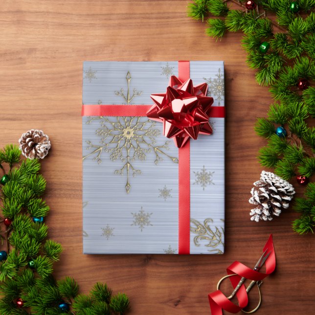 Gold Snowflake Silver Metallic Wrapping Paper Geschenkpapier (Feiertagsgeschenk)