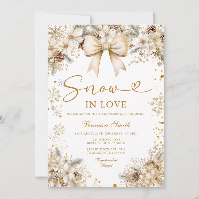 Gold Snowflake Snow in Love Winter Bridal Shower Einladung (Vorderseite)