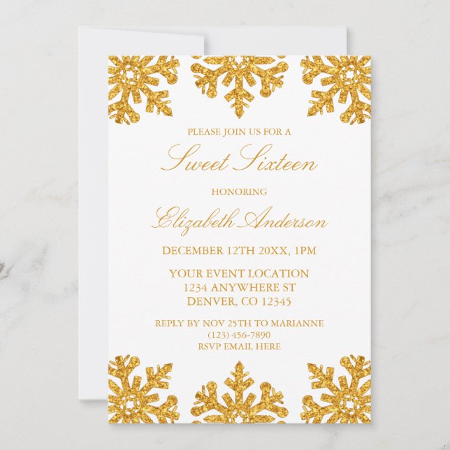 Gold Snowflake Winter Sweet 16 Einladung (Vorderseite)