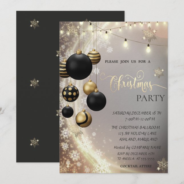 Gold Snowflakes,Black Balls,Lights Christmas  Einladung (Vorne/Hinten)