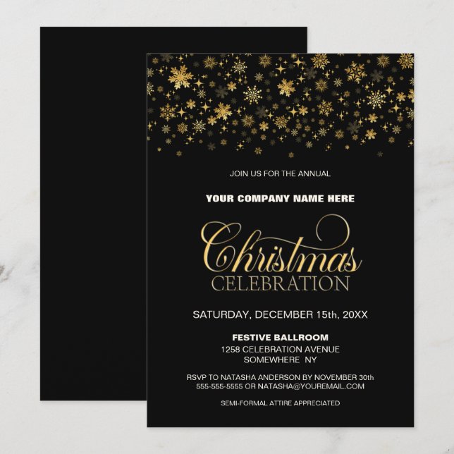 Gold Snowflakes Black Corporate Weihnachts-Party Einladung (Vorne/Hinten)