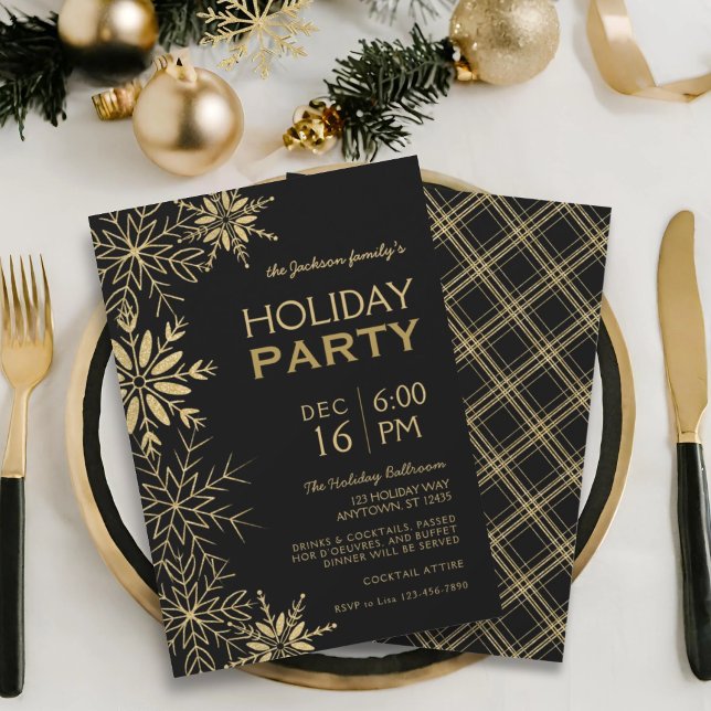 Gold Snowflakes Gold Plaid & Black Holiday Glam Einladung (Von Creator hochgeladen)