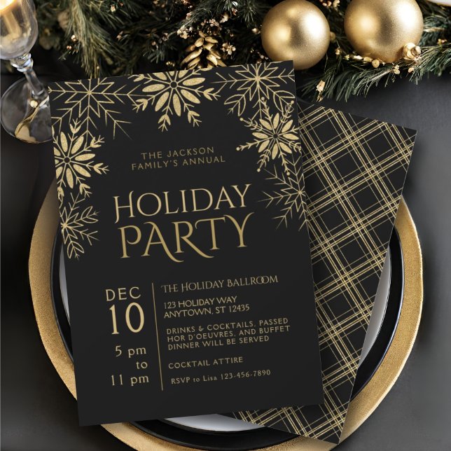 Gold Snowflakes Gold Plaid & Black Holiday Glam Einladung (Von Creator hochgeladen)