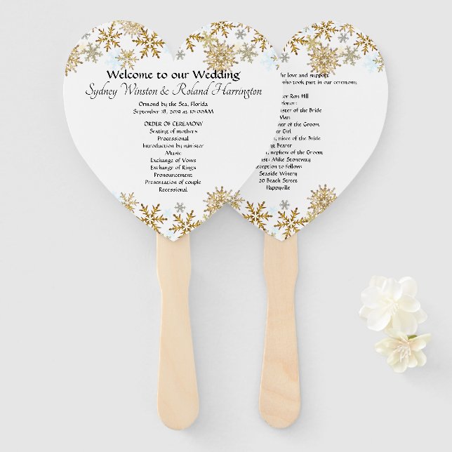 Gold Snowflakes Herz-Shaped Wedding Fan Programm Fächer (Vorne und Hinten)