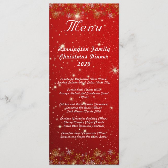 Gold Snowflakes Red Christmas Dinner Menu (Devant)