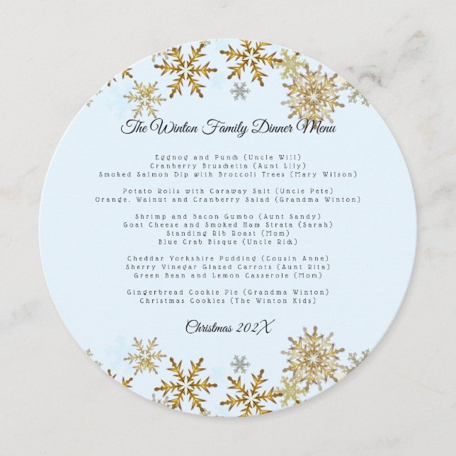 Gold Snowflakes Round Family Christmas Menu (Devant)