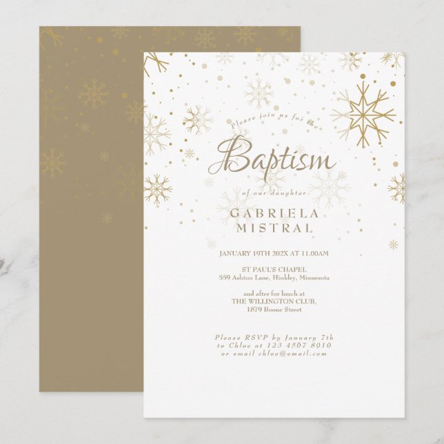 Gold Snowflakes Taufe Christening Einladung (Vorne/Hinten)