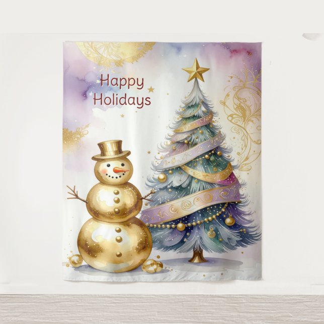 Gold Snowman Christmas Tree Holiday Backdrop Wandteppich (Vorderseite)