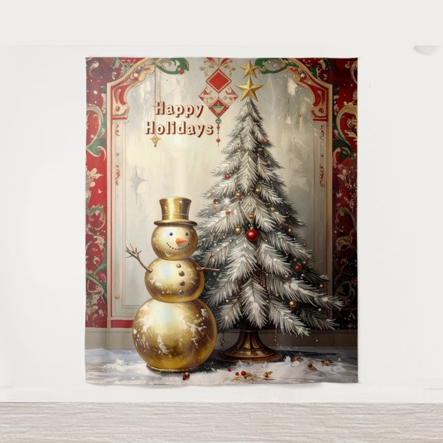 Gold Snowman Christmas Tree Holiday Backdrop Wandteppich (Vorderseite)
