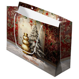 Gold Snowman Christmas Tree Holiday Gift Bag Große Geschenktüte