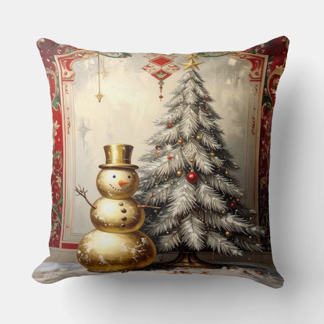 Gold Snowman Christmas Tree Holiday Kissen (Vorderseite)