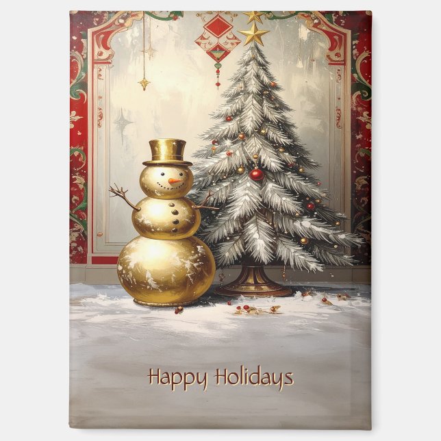Gold Snowman Christmas Tree Holiday Magnet (Recto)