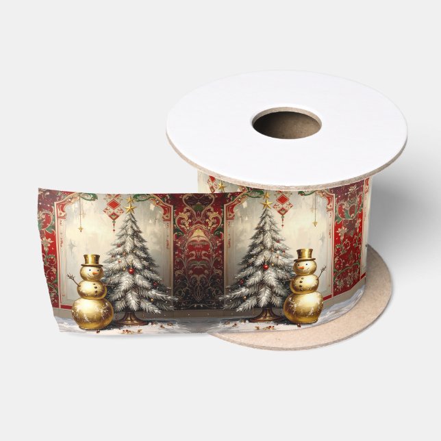 Gold Snowman Christmas Tree Holiday Satin Satinband (Spule)