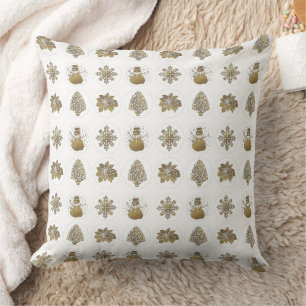 Gold Snowman Tree Poinsettia Star Pattern Kissen