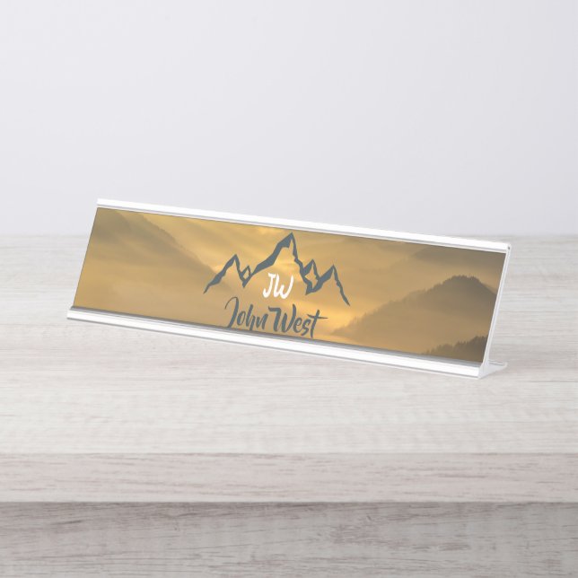 Gold Sonnenaufgang personalisierbare Berge Monogra Schreibtischnamensplakette (Vorderseite )