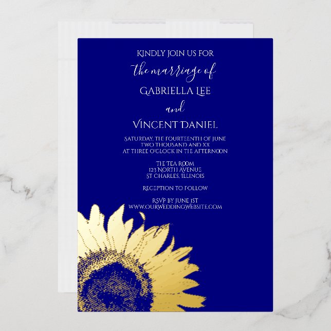 Gold Sonnenblume auf Navy Blue Wedding Folieneinladung (Briefumschlag)