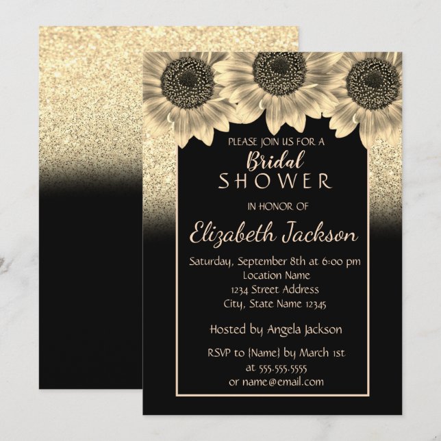 Gold, Sonnenblumen, Glitzer Brautparty Einladung (Vorne/Hinten)