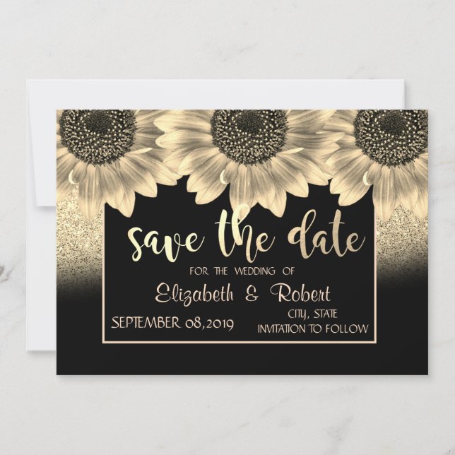 Gold, Sonnenblumen, Glitzer Save the Date (Vorderseite)