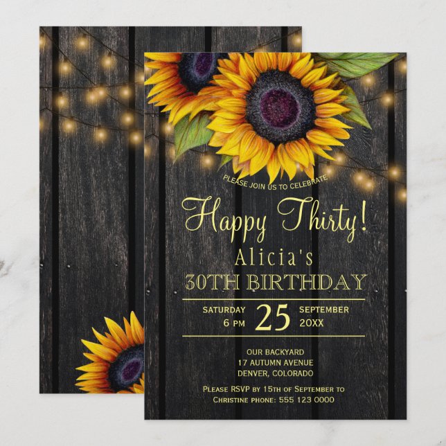 Gold Sonnenblumen Land Holz Stall 30 Geburtstag Einladung (Vorne/Hinten)