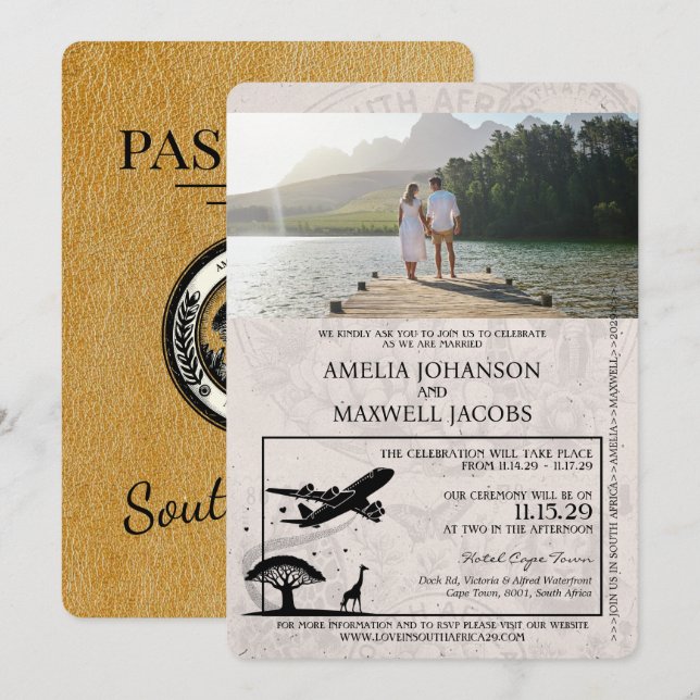Gold South Africa Passport Wedding Einladung (Vorne/Hinten)