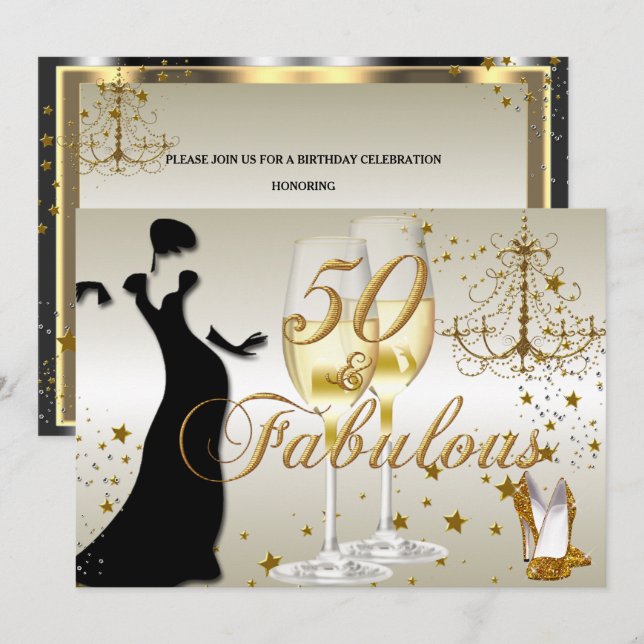 Gold Sparkle 50 & fabelhafte Einladung zum Geburts (Vorne/Hinten)