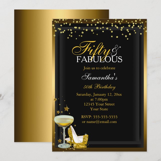 Gold Sparkle 50 Fabuleux Invitation d'anniversaire (Devant / Derrière)