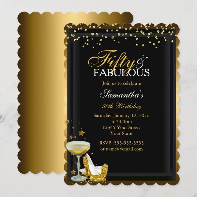 Gold Sparkle 50 Fantastische Einladung zum Geburts (Vorne/Hinten)