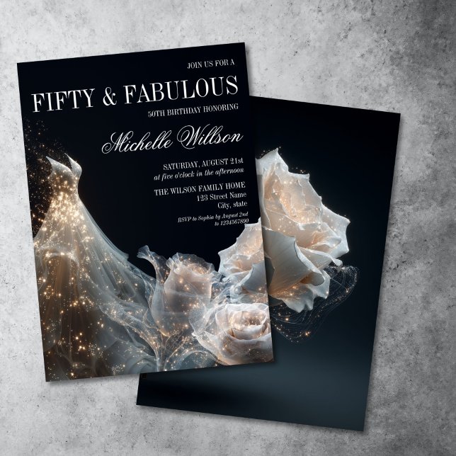 Gold Sparkle 50 und fabelhaftes Gown Dress Einladung (glitter sparkling white dress with white roses on the black background, fifty and fabulous birthday )