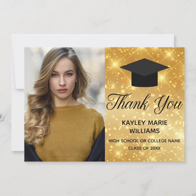 Gold Sparkle Abschluss Foto Chic 2022 Graduate Dankeskarte (Vorderseite)