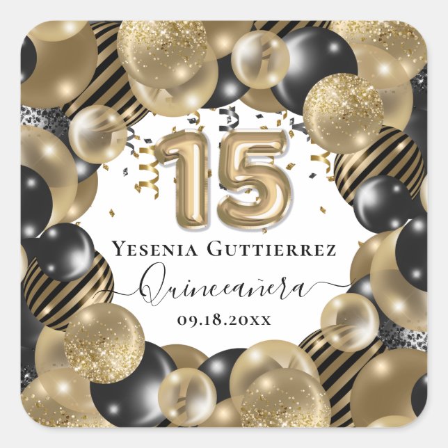 Gold Sparkle Black Quinceanera Ballon Quadratischer Aufkleber (Vorderseite)