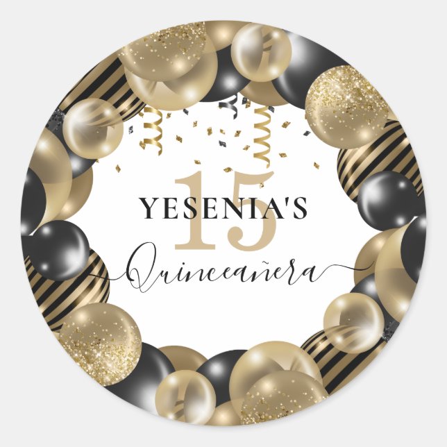 Gold Sparkle Black Quinceanera Ballon Runder Aufkleber (Vorderseite)