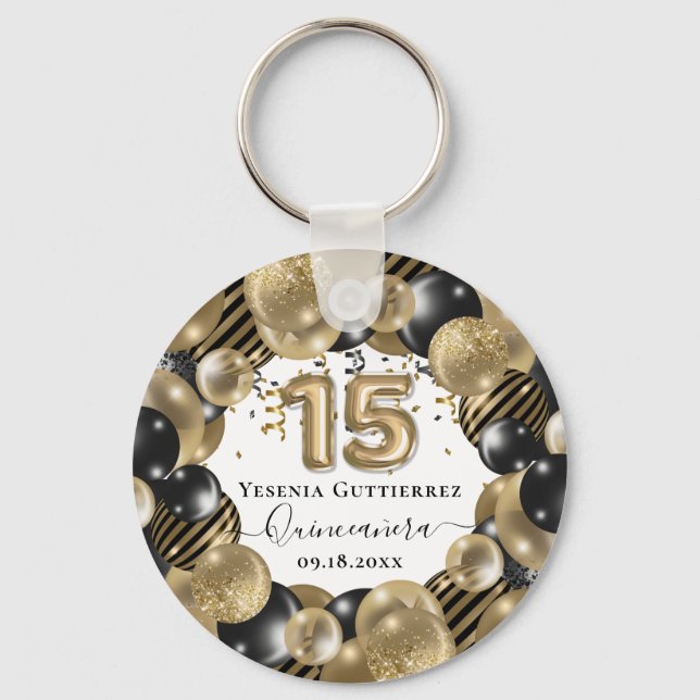 Gold Sparkle Black Quinceanera Ballon Schlüsselanhänger (Vorderseite)