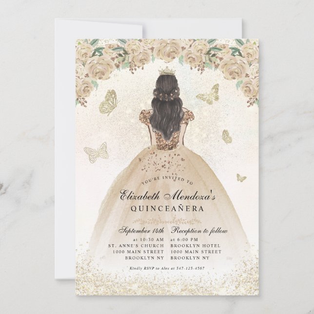 Gold Sparkle Blumenprinzessin Quinceañera Geburtst Einladung (Vorderseite)