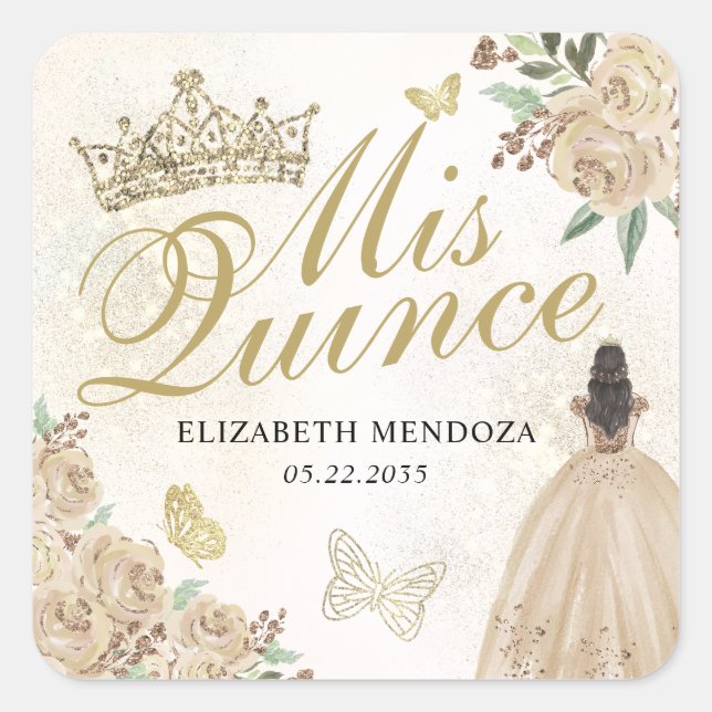 Gold Sparkle Blumenprinzessin Quinceañera Geburtst Quadratischer Aufkleber (Vorderseite)