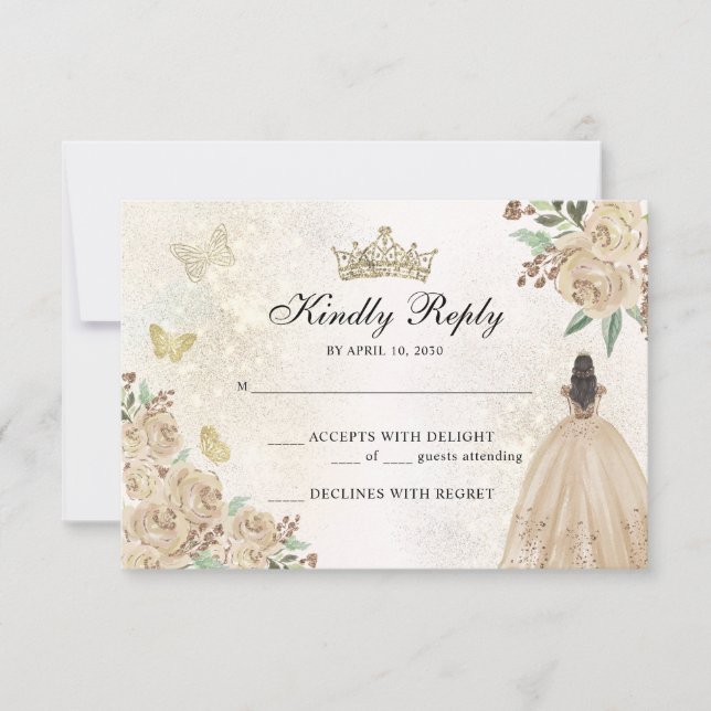 Gold Sparkle Blumenprinzessin Quinceañera Geburtst RSVP Karte (Vorderseite)