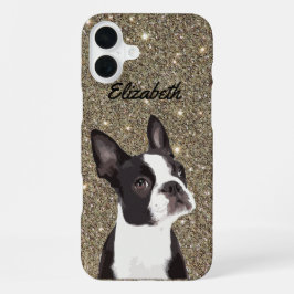 Gold Sparkle Boston Terrier Name Dog iPhone 16 Plus Hülle