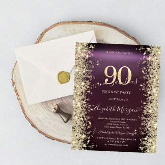 Gold Sparkle Diamonds Burgundy 90. Geburtstag Einladung