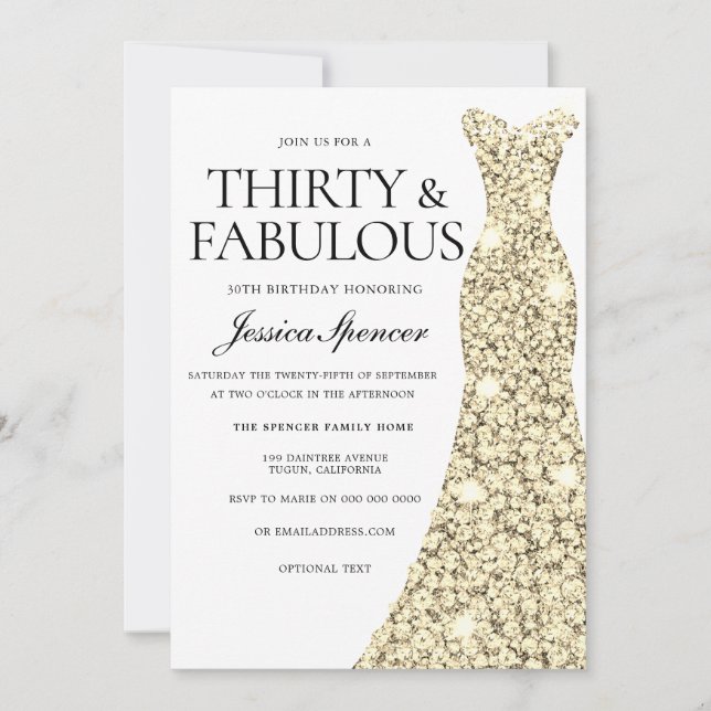 Gold Sparkle Dress 30 & Fabulous 30. Geburtstag Einladung (Vorderseite)